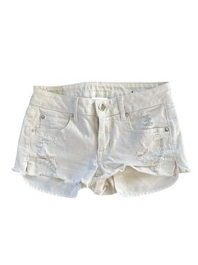 American Eagle Shortie Short Sz 4 White Denim Super Super Stretch Distressed